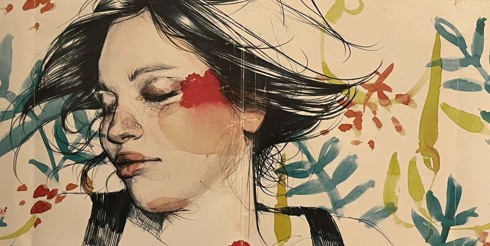 Il·lustració artística d'una dona amb flors i traços expressius